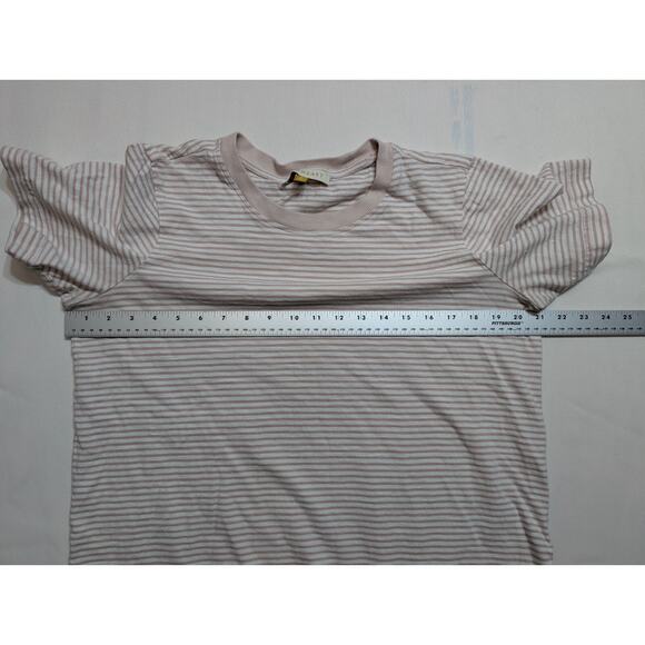 DOWNEAST Nautical Stripe Tee Shirt Top Womens M Beige & White Cap Sleeves - Picture 3 of 6